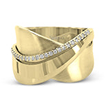 18k rose and white gold combine in this modern, overlapping band, accented by .12 ctw of white round brilliant diamonds.