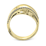18k rose and white gold combine in this modern, overlapping band, accented by .12 ctw of white round brilliant diamonds.