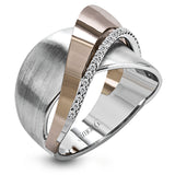 18k rose and white gold combine in this modern, overlapping band, accented by .12 ctw of white round brilliant diamonds.