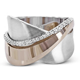 18k rose and white gold combine in this modern, overlapping band, accented by .12 ctw of white round brilliant diamonds.