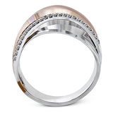 18k rose and white gold combine in this modern, overlapping band, accented by .12 ctw of white round brilliant diamonds.