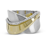 18k rose and white gold combine in this modern, overlapping band, accented by .12 ctw of white round brilliant diamonds.
