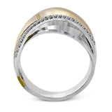 18k rose and white gold combine in this modern, overlapping band, accented by .12 ctw of white round brilliant diamonds.