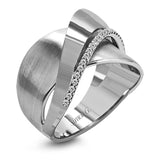 18k rose and white gold combine in this modern, overlapping band, accented by .12 ctw of white round brilliant diamonds.