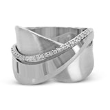 18k rose and white gold combine in this modern, overlapping band, accented by .12 ctw of white round brilliant diamonds.