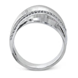 18k rose and white gold combine in this modern, overlapping band, accented by .12 ctw of white round brilliant diamonds.