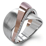 18k rose and white gold combine in this modern, overlapping band, accented by .12 ctw of white round brilliant diamonds.