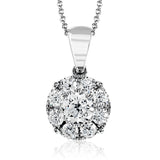 This lovely round 18k white gold pendant features .40 ctw of smaller diamonds grouped around a center .30 ct diamond.