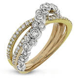 This modern tri-tone 18k gold ring features an overlapping design containing .73 ctw of shining white round brilliant diamonds.