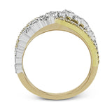 This modern tri-tone 18k gold ring features an overlapping design containing .73 ctw of shining white round brilliant diamonds.
