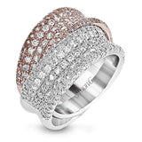 Two intertwined shimmering bands in white gold and rose gold set with 2.24 ctw white diamonds in pave settings form this exquisite two-tone ring.