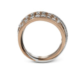 Two intertwined shimmering bands in white gold and rose gold set with 2.24 ctw white diamonds in pave settings form this exquisite two-tone ring.