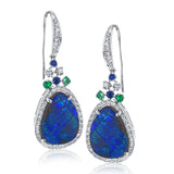 These 18k white gold earrings feature 5.26 ctw of incredible boulder opal, each stone unique, which is accented by 1.27 ctw of white diamonds, .64 ctw of sapphire and .32 ctw of pink sapphire.