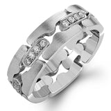 This dramatic puzzle-piece white gold band is highlighted by rose gold accents inset with .35 ctw of brilliant round cut white diamonds.
