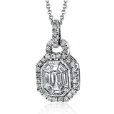 This beautiful pendant contains a center mosaic of .58 ctw of baguette diamonds, surrounded by .25 ctw of round diamonds.