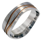 This contemporary white gold men's band features a distinctive wavy design in impressive rose gold to create a memorable look.