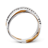 This unique band in two-tone 18k gold has a modern, organic design with rose and white gold overlapping, accented by a line of .16 ctw of white diamonds.