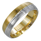Boasting a modern two-tone design, this men's wedding band features elegant columns of brushed white and yellow separated by a sleek ribbon of smooth white gold.