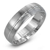 Boasting a modern two-tone design, this men's wedding band features elegant columns of brushed white and yellow separated by a sleek ribbon of smooth white gold.