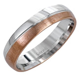 Reflecting a modern design, this two-tone men's wedding band features a sleek ribbon of white gold surrounded by two columns of brushed rose and white gold.
