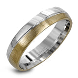 Reflecting a modern design, this two-tone men's wedding band features a sleek ribbon of white gold surrounded by two columns of brushed rose and white gold.
