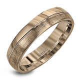 Reflecting a modern design, this two-tone men's wedding band features a sleek ribbon of white gold surrounded by two columns of brushed rose and white gold.