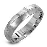 Reflecting a modern design, this two-tone men's wedding band features a sleek ribbon of white gold surrounded by two columns of brushed rose and white gold.