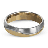 Effortlessly blending contemporary design with classic styling, this two-tone men's wedding band features winding columns of brushed white gold and polished yellow gold.