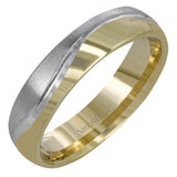 Effortlessly blending contemporary design with classic styling, this two-tone men's wedding band features winding columns of brushed white gold and polished yellow gold.