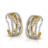 These striking two-tone gold earrings have a dynamic and overlapping design containing .96 ctw of scintillating white diamonds.