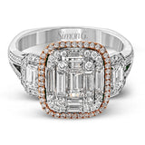 This dramatic contemporary white and rose gold ring is highlighted by a sparkling halo set with .11 ctw pink diamonds and accented with .35 ctw round cut white diamonds, .38 ctw emerald cut diamonds, and .65 ctw baguette cut diamonds.