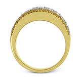 This bold statement ring is made from 18k rose and white gold and contains 2.01 ctw of white round brilliant diamonds as well as .23 ctw of pink diamonds.