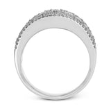 This bold statement ring is made from 18k rose and white gold and contains 2.01 ctw of white round brilliant diamonds as well as .23 ctw of pink diamonds.