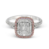 The modern style of this white gold ring is complemented by .48 ctw of glistening baguette cut white diamonds and .38 ctw of round cut white diamonds.