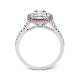 The modern style of this white gold ring is complemented by .48 ctw of glistening baguette cut white diamonds and .38 ctw of round cut white diamonds.