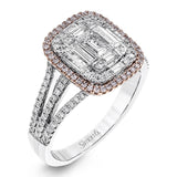 Featuring an eye-catching geometric setting, this white and rose gold contemporary ring is accented by .37 ctw round cut white diamonds with .10 ctw pink diamond and .53 ctw baguette cut diamond highlights.