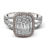 Featuring an eye-catching geometric setting, this white and rose gold contemporary ring is accented by .37 ctw round cut white diamonds with .10 ctw pink diamond and .53 ctw baguette cut diamond highlights.
