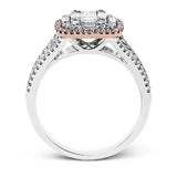 Featuring an eye-catching geometric setting, this white and rose gold contemporary ring is accented by .37 ctw round cut white diamonds with .10 ctw pink diamond and .53 ctw baguette cut diamond highlights.