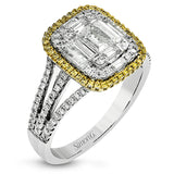 Featuring an eye-catching geometric setting, this white and rose gold contemporary ring is accented by .37 ctw round cut white diamonds with .10 ctw pink diamond and .53 ctw baguette cut diamond highlights.