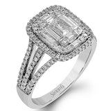 Featuring an eye-catching geometric setting, this white and rose gold contemporary ring is accented by .37 ctw round cut white diamonds with .10 ctw pink diamond and .53 ctw baguette cut diamond highlights.