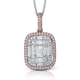 This lovely modern white and rose gold pendant is set with .10 ctw round cut white diamonds and accented with .13 pink diamonds and .71 baguette cut diamonds.
