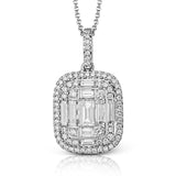 This lovely modern white and rose gold pendant is set with .10 ctw round cut white diamonds and accented with .13 pink diamonds and .71 baguette cut diamonds.