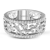 This vintage-inspired 18k white gold band features a detailed, floral design bordered by .52 ctw of white round brilliant diamonds.