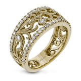 This vintage-inspired 18k white gold band features a detailed, floral design bordered by .52 ctw of white round brilliant diamonds.