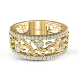 This vintage-inspired 18k white gold band features a detailed, floral design bordered by .52 ctw of white round brilliant diamonds.