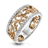 This vintage-inspired 18k white gold band features a detailed, floral design bordered by .52 ctw of white round brilliant diamonds.