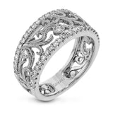 This vintage-inspired 18k white gold band features a detailed, floral design bordered by .52 ctw of white round brilliant diamonds.