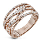 The intertwined design of this modern white and rose gold ring is highlighted by .66 ctw of round cut white diamonds.