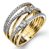 The intertwined design of this modern white and rose gold ring is highlighted by .66 ctw of round cut white diamonds.