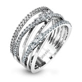 The intertwined design of this modern white and rose gold ring is highlighted by .66 ctw of round cut white diamonds.